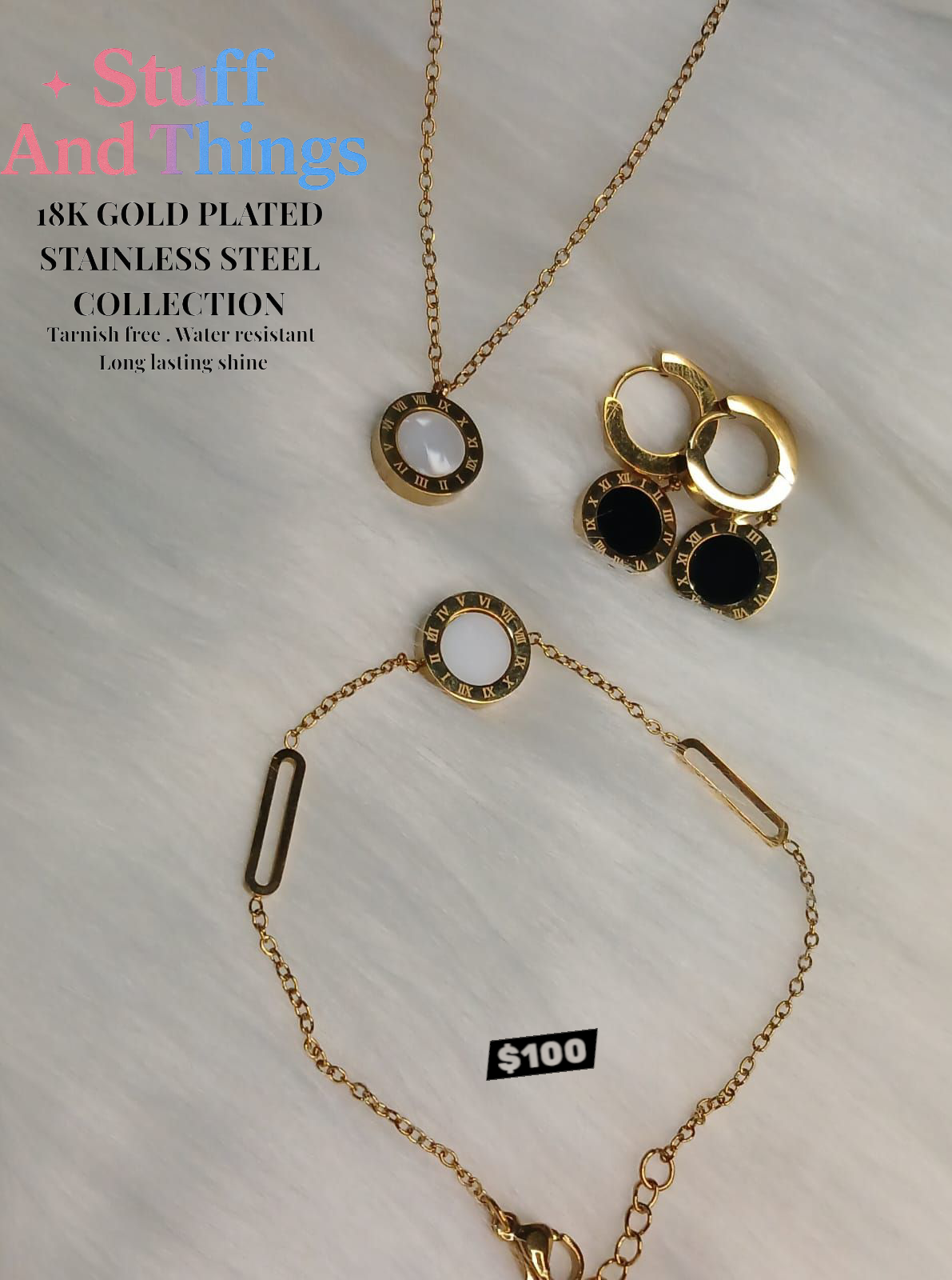 4pcs/Set Stainless Steel & Acrylic Roman Numeral Charm Necklace, Bracelet And Earring Set, Fashion Jewelry For Women