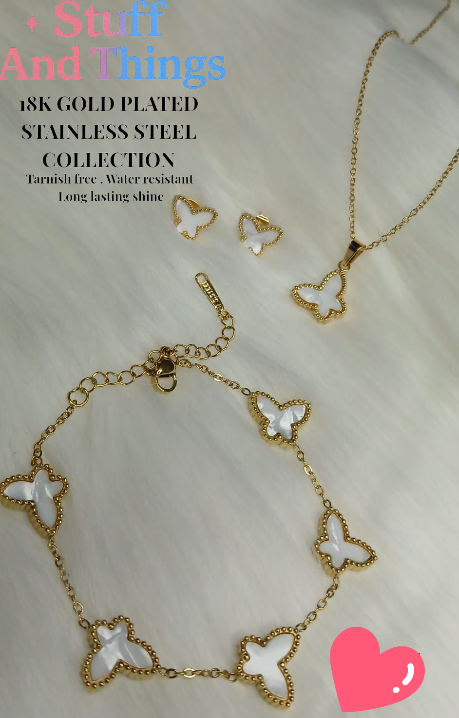 4PCS Stainless Steel Double-Sided Butterfly Necklace Bracelet Earrings Set, Elegant Style, 18K Gold Plated Accessories, Women's Jewelry Set, Multiple Colors.